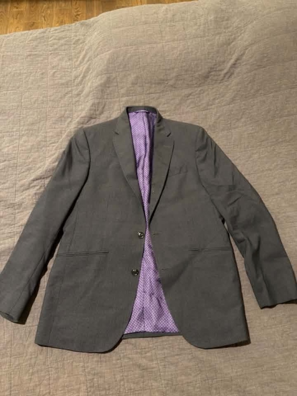 Men's Gray Two-Button Blazer with Purple Lining